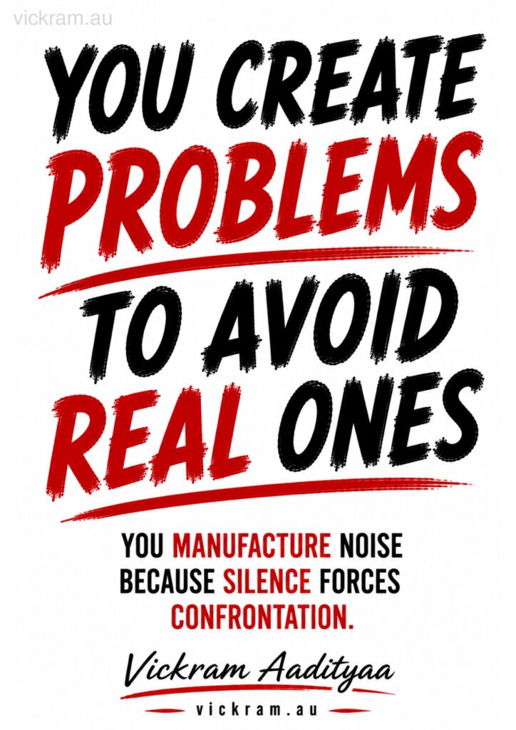 You manufacture noise to keep the real problem out of view. Silence would show you what you are actually avoiding.